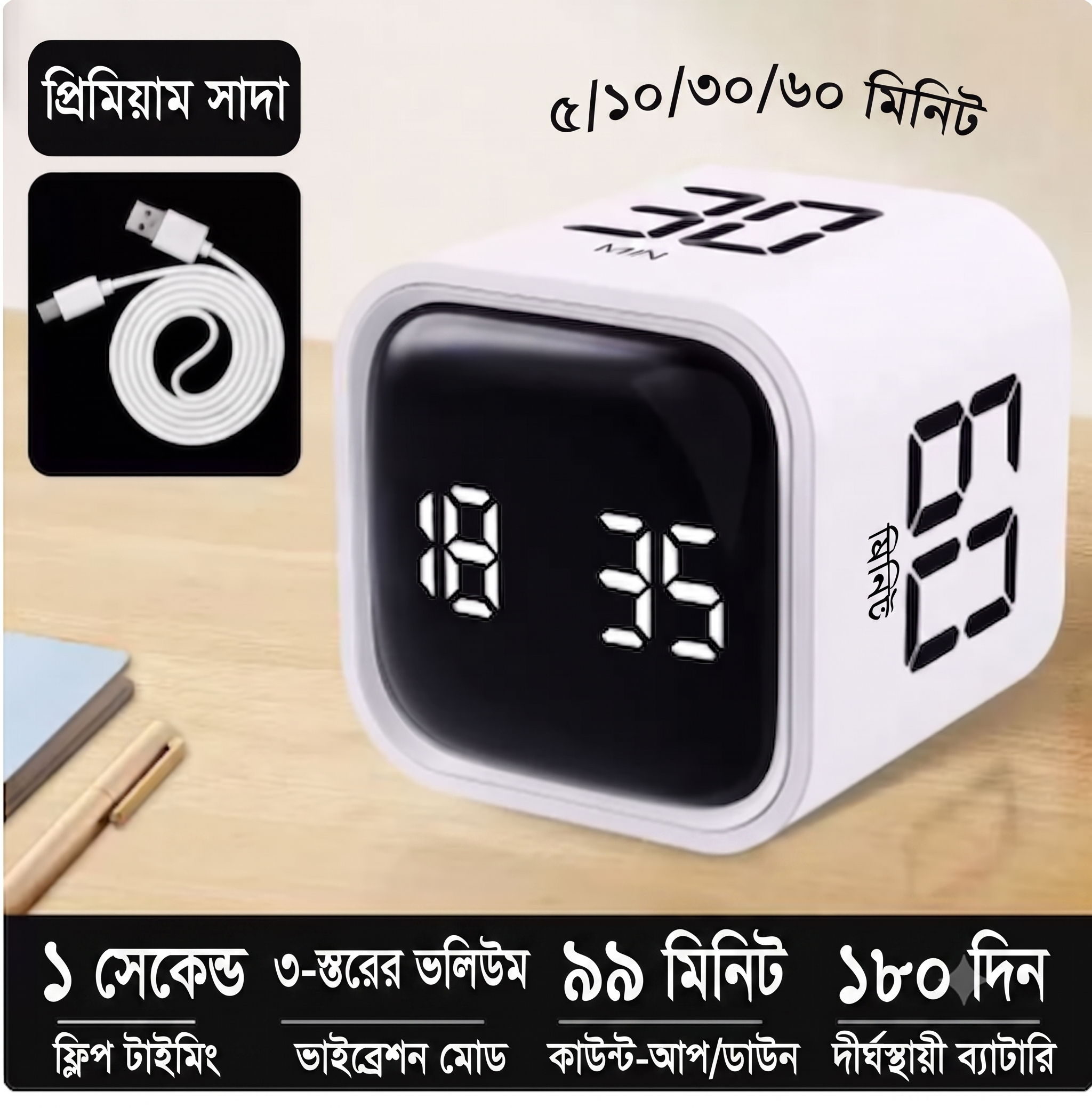 স্মার্ট ফ্লিপ গ্র্যাভিটি ডিজিটাল টাইমার ও পোমোডোরো ক্লক (রিচার্জেবল)
